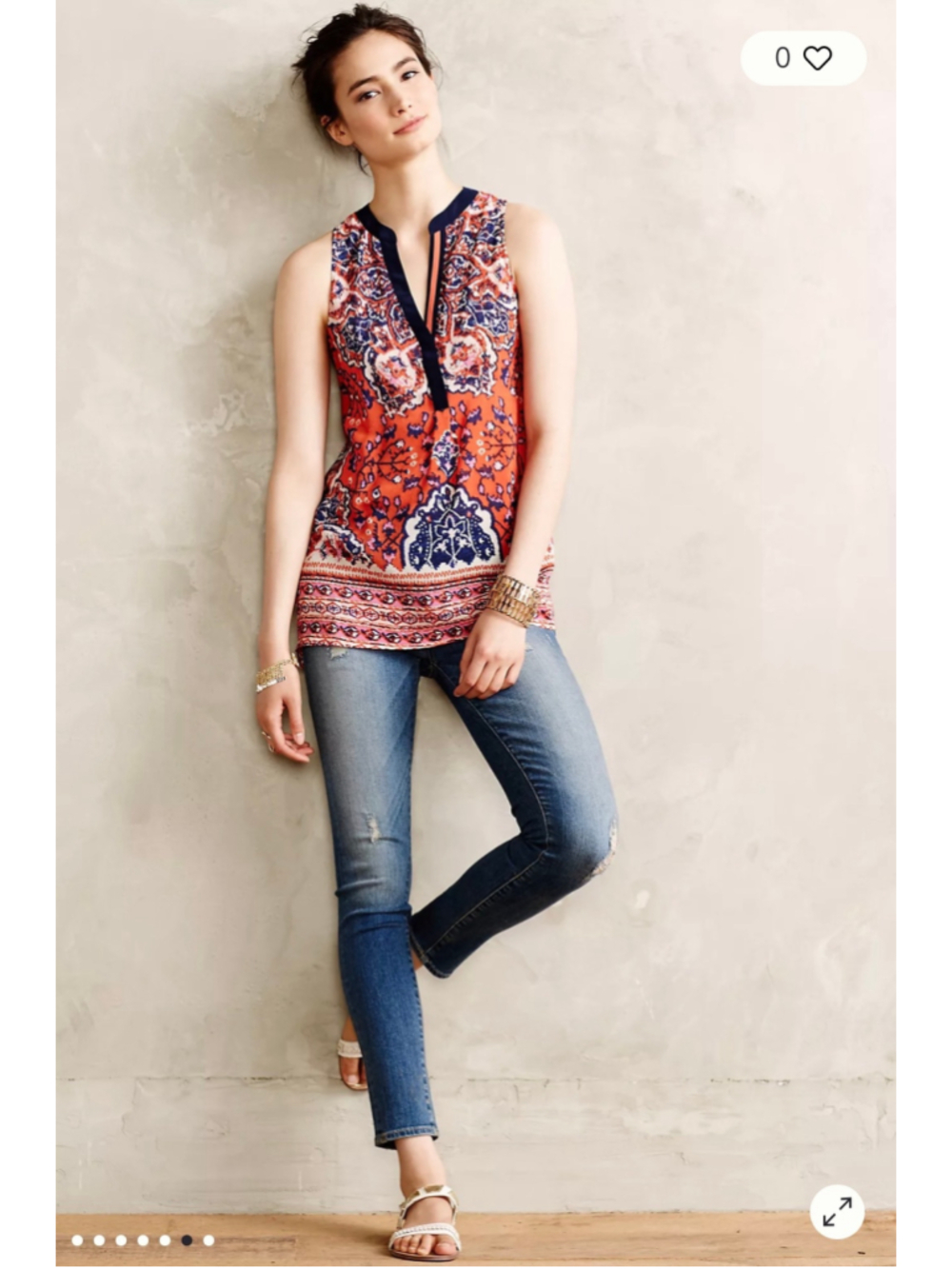 Lucy & Laurel Tank Top Size M Orange Blue Paisley Print Vneck Sleeveless